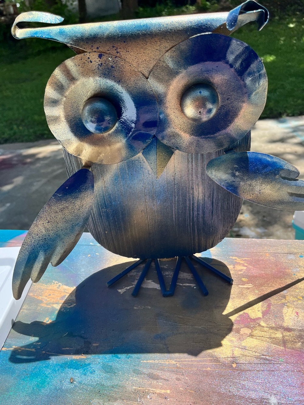 Whimsical hand painted Metal and wood Owl Sculpture in Blue and Gold